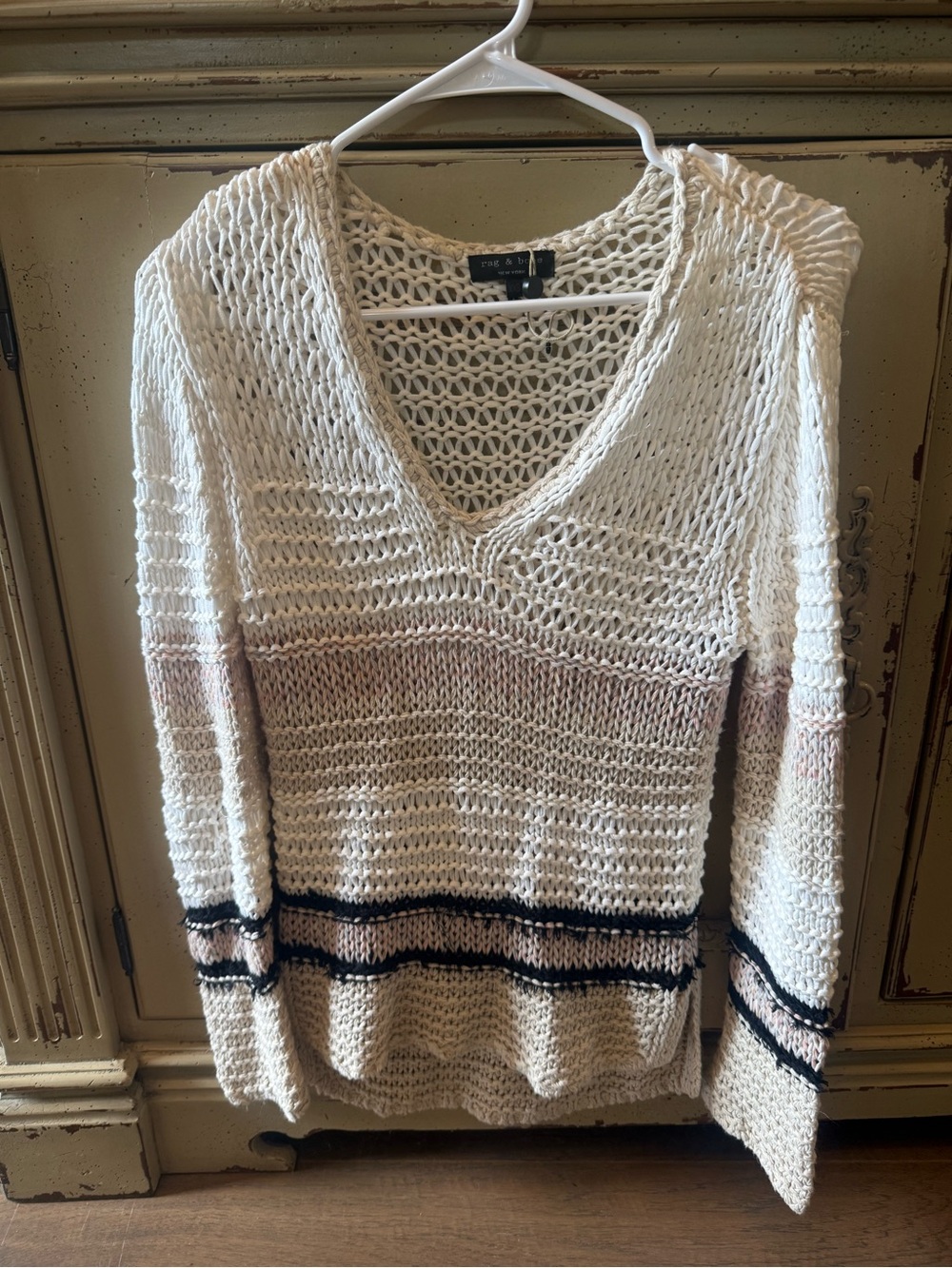 Rag & Bone Cream-Knit V-Neck Sweater with Contrast Stripes